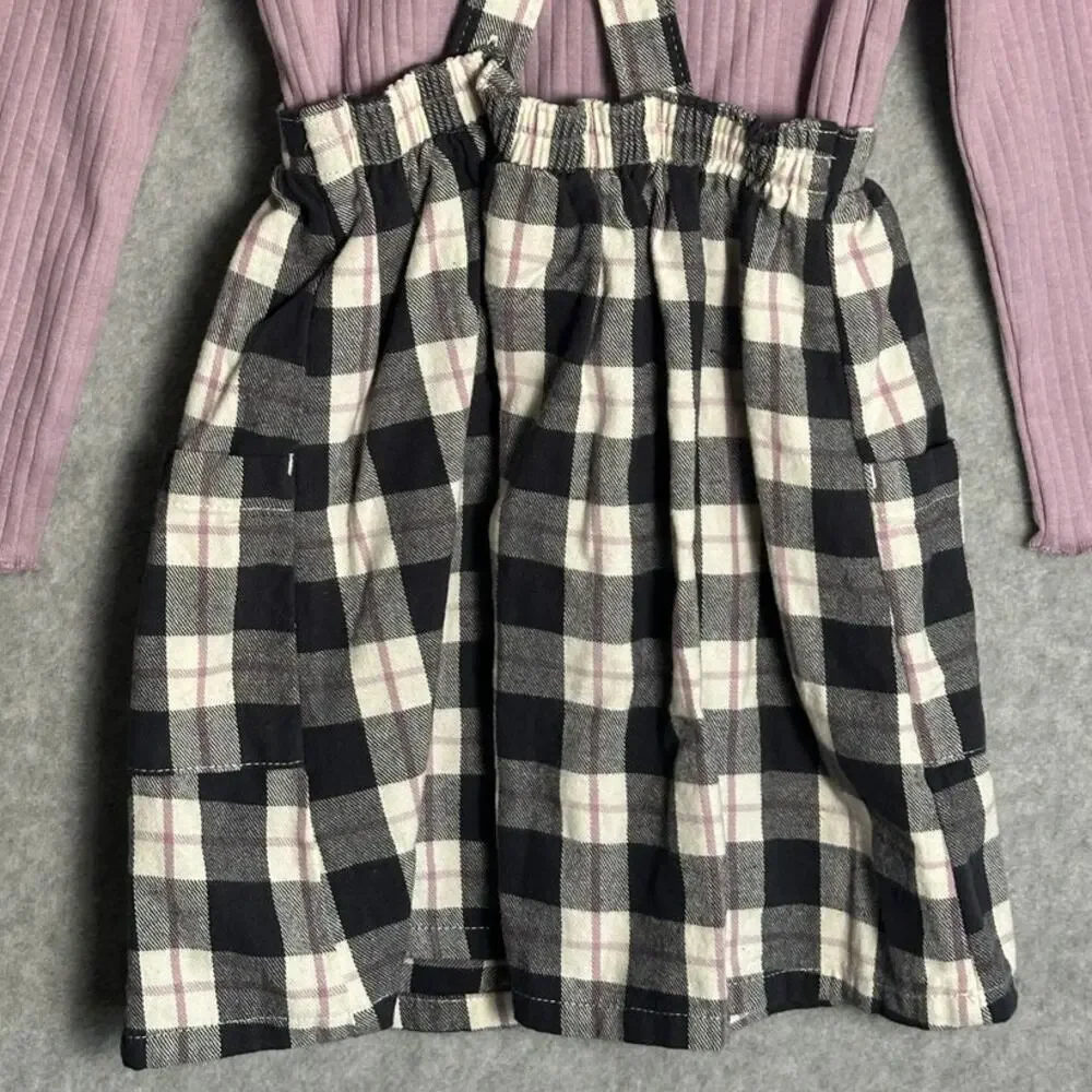 Wonder Nation 5T Girls 3pc Set Pinafore Skirt Overalls Long Sleeve Tights‎ Plaid